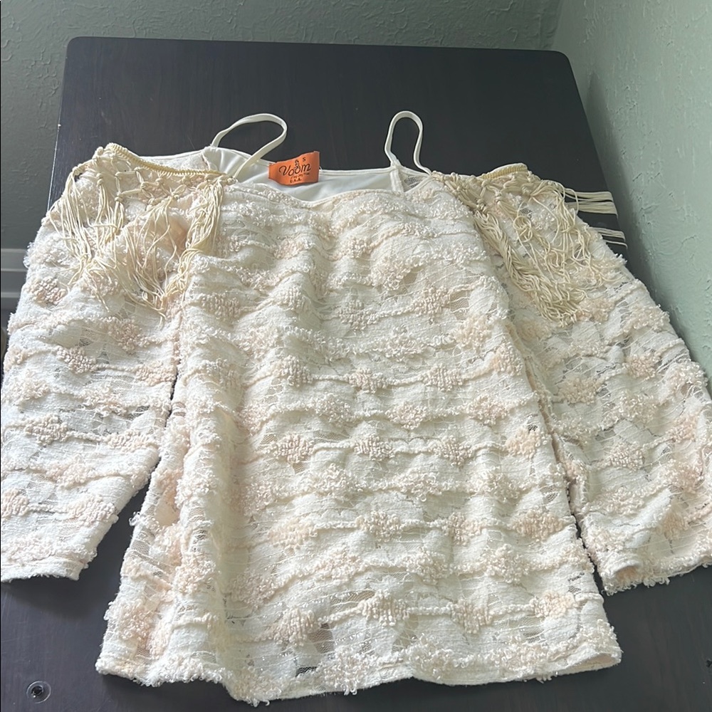 Voom Joy Han small Cream Off-Shoulder Fringe Top